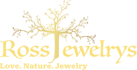 Ross Jewelrys logo featuring a golden tree integrated into the typography, with the tagline 'Love. Nature. Jewelry' on a black background.